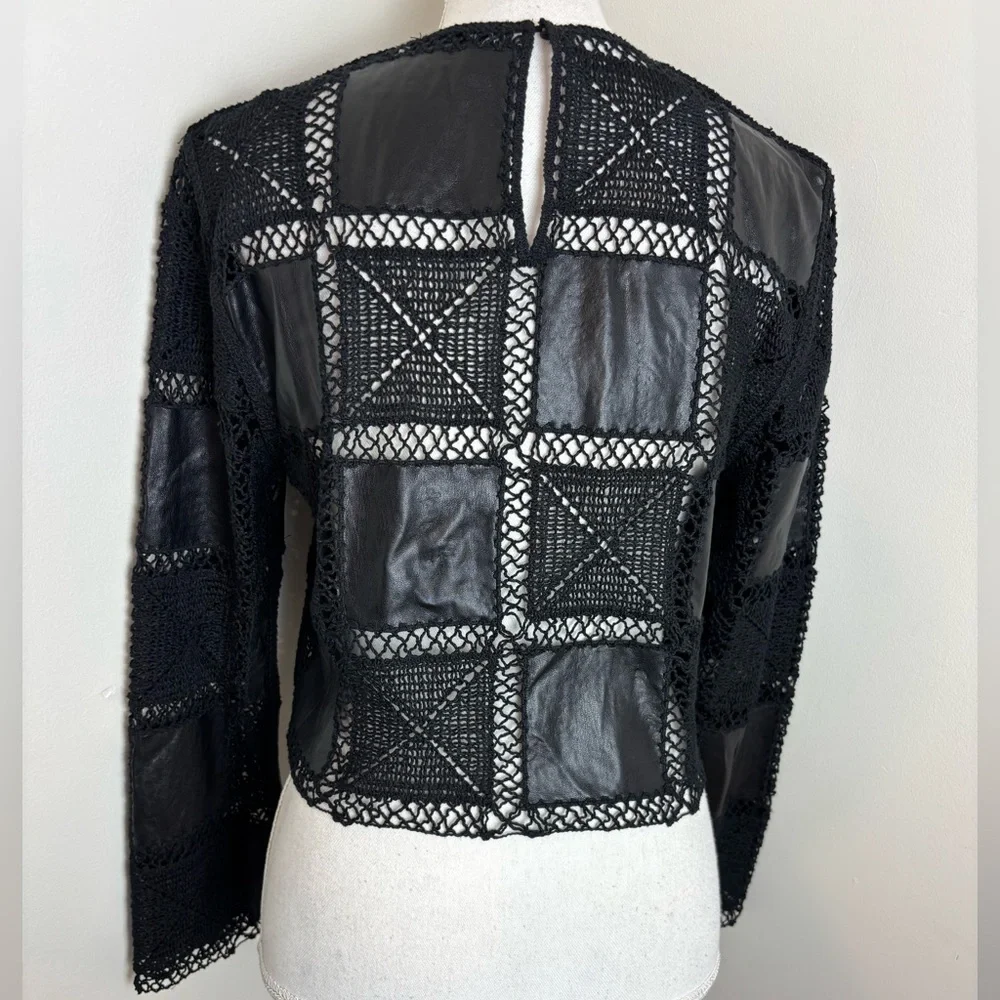 Zara Faux leather Crochet Cutout Black Mesh Long Sleeve Top Size Medium